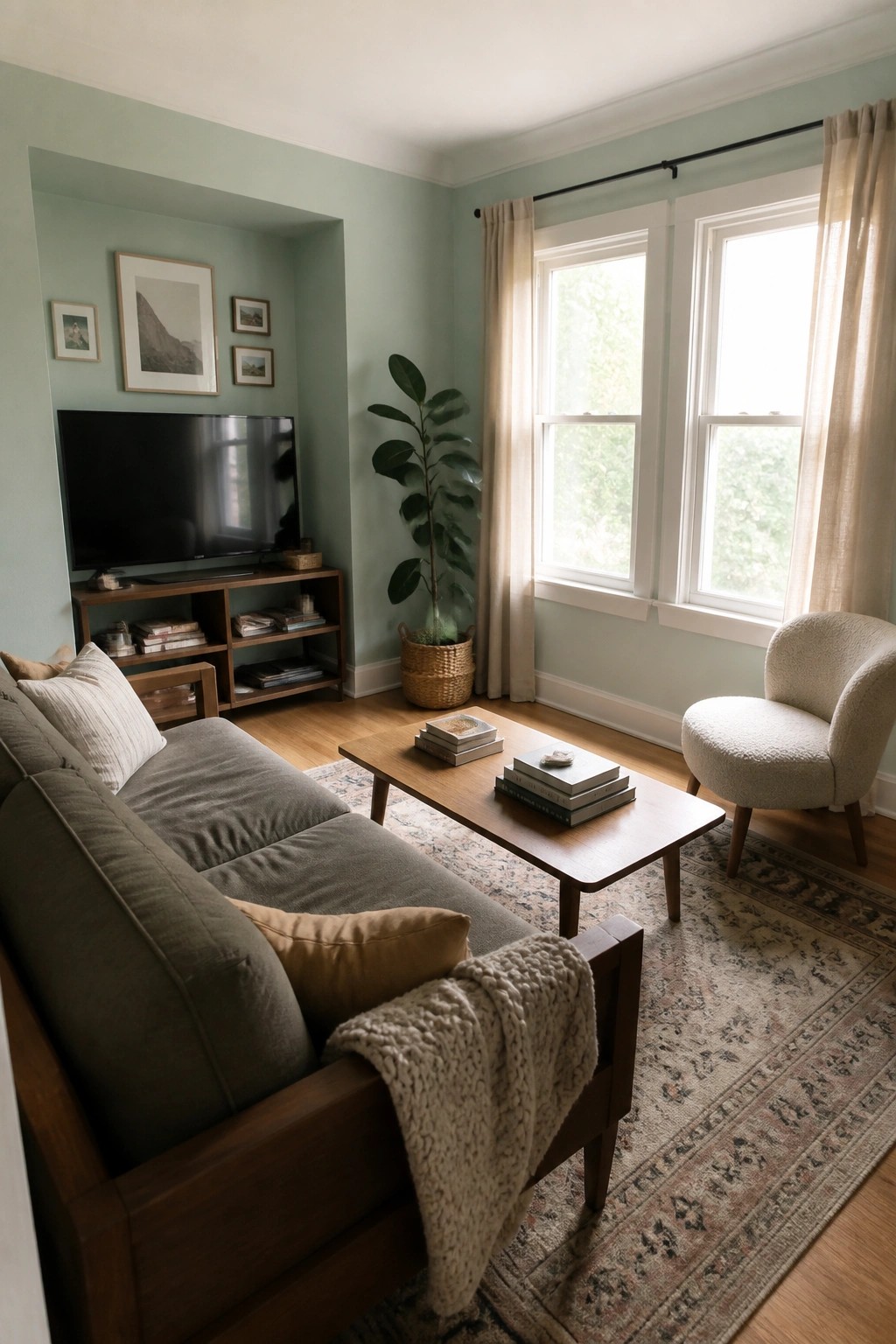 Cozy living room with sage green walls, gray sofa, wooden table, and patterned rug.