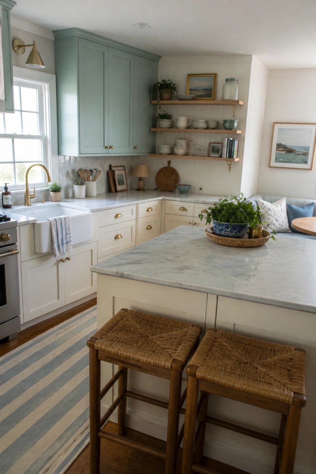 Light sage green upper cabinets in a bright kitchen with white base cabinets and marble counters.