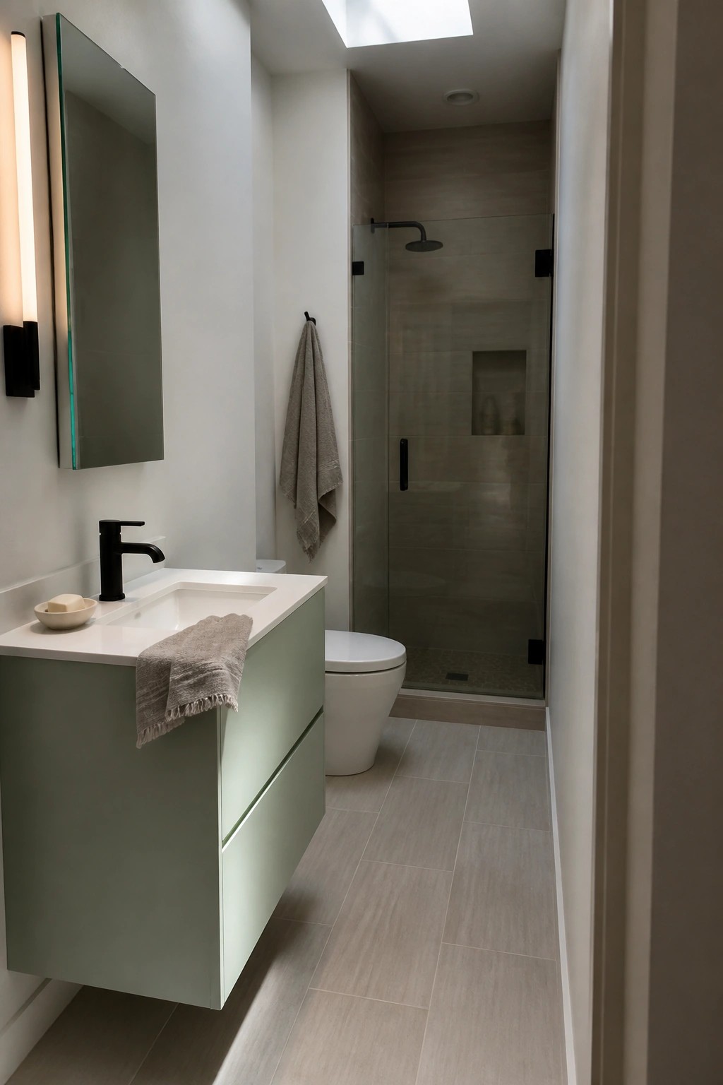 Light green vanity cabinets in a narrow modern bathroom with white walls and pale tile.