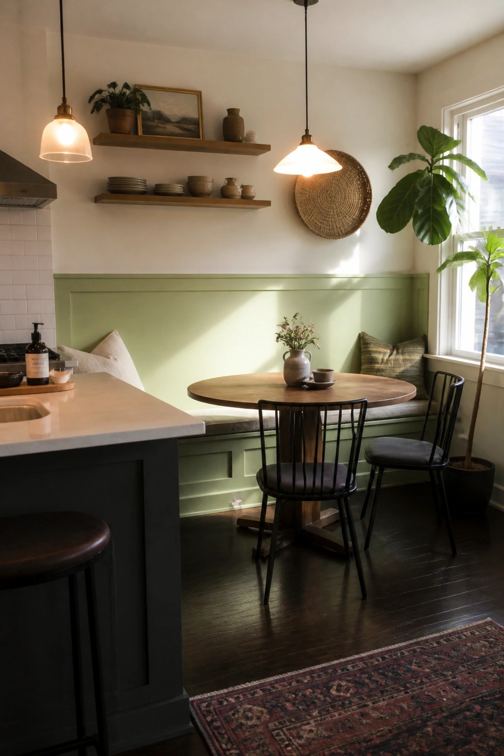 Cozy nook with round wooden table, green wainscoting, black chairs, and pendant lights.