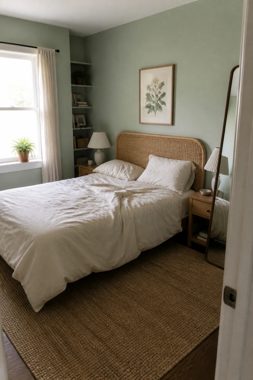 A small bedroom with soft sage green walls and warm wood furniture.