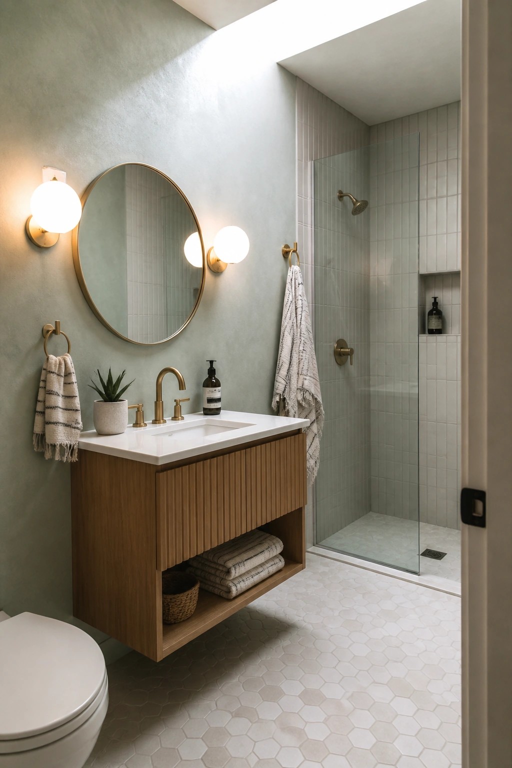 Modern bathroom with floating wood vanity, round mirror, brass fixtures, and glass shower.