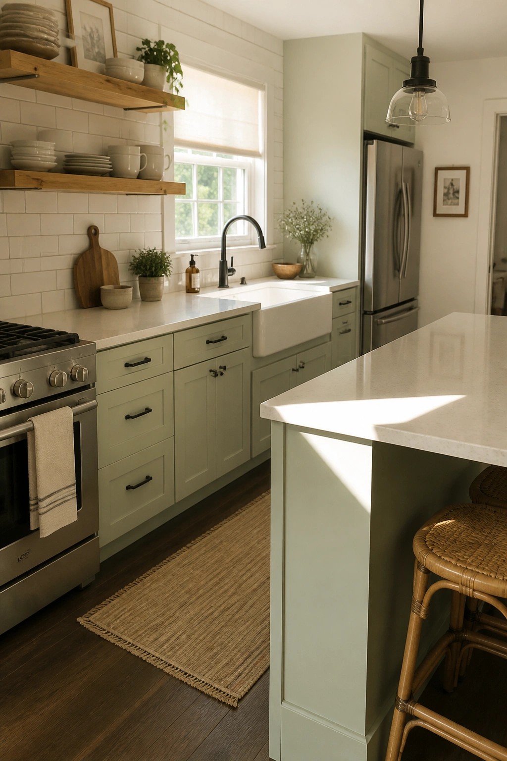 A kitchen with soft sage green cabinets, white countertops, and a white tile backsplash.
