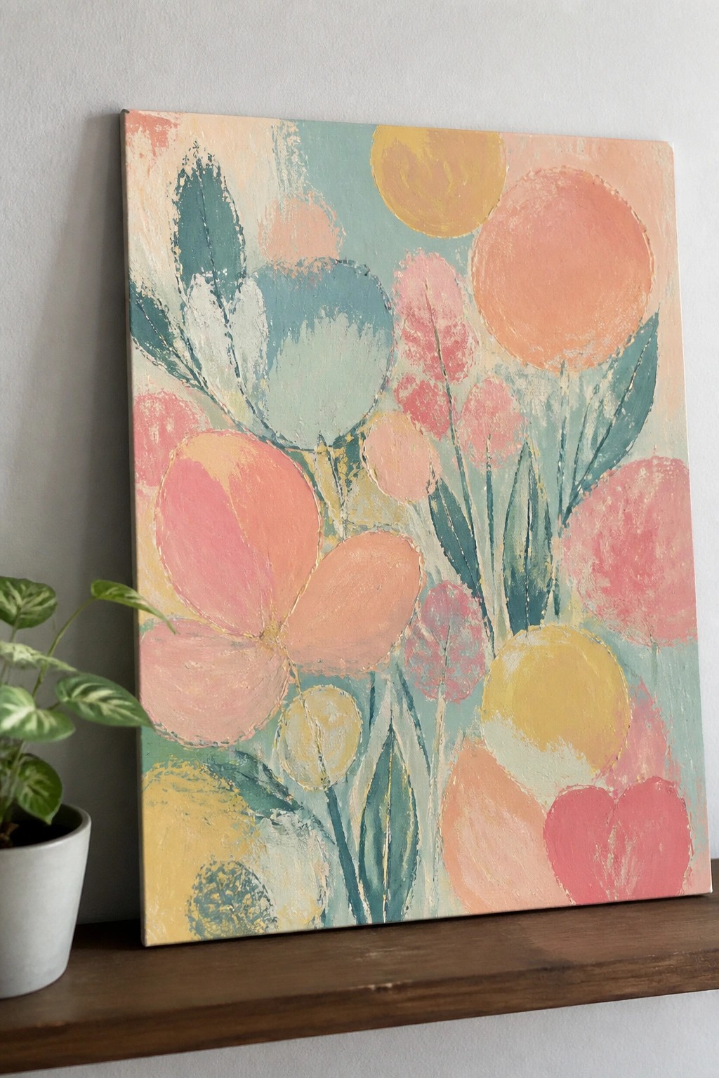 Pastel abstract floral painting on canvas atop wooden shelf beside potted plant