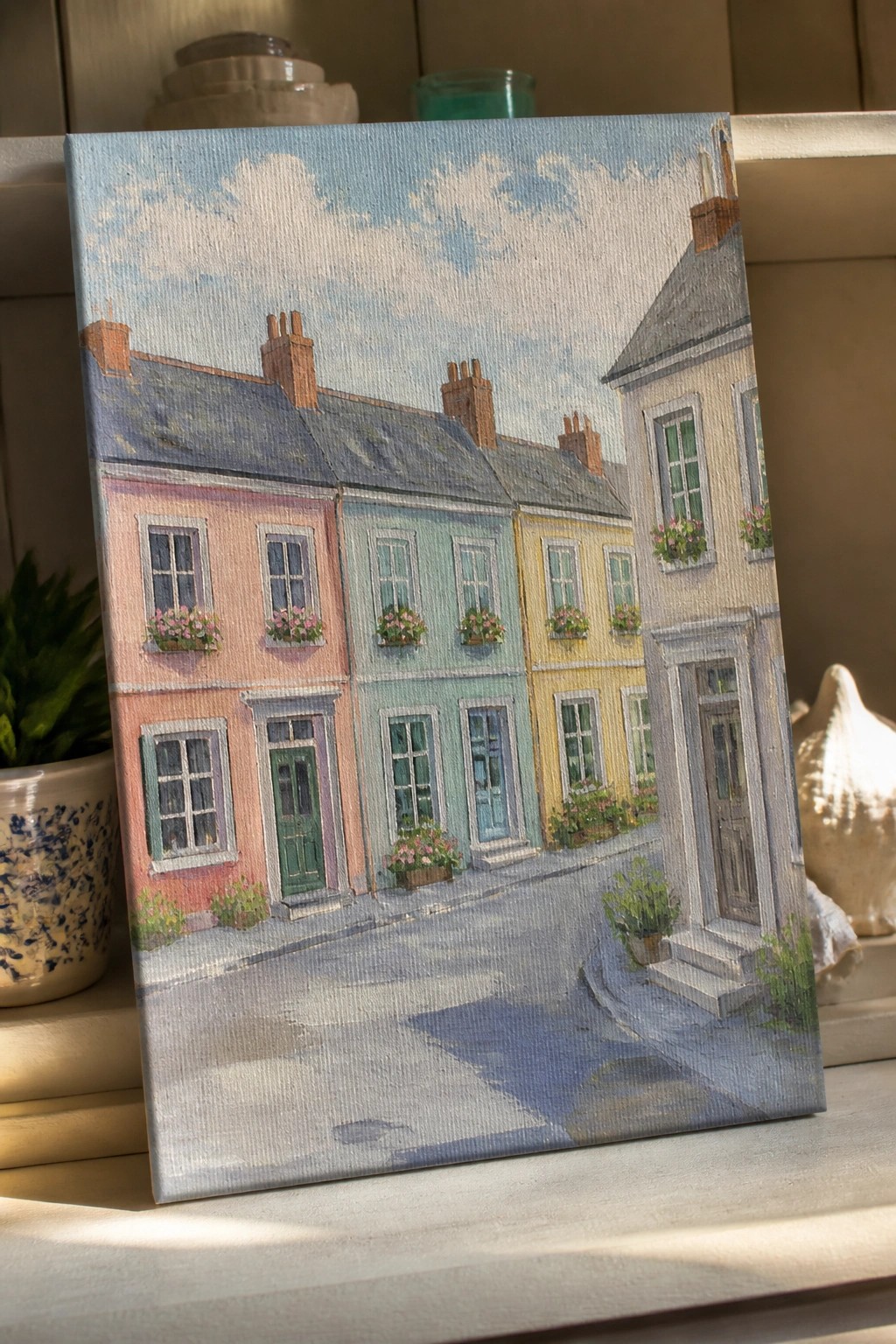 Colorful painting of pastel terraced houses with flower boxes on a village street