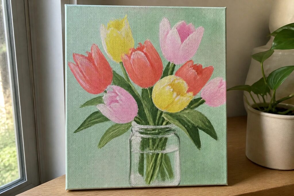 Colorful tulips in glass jar painted on light green canvas on wooden shelf