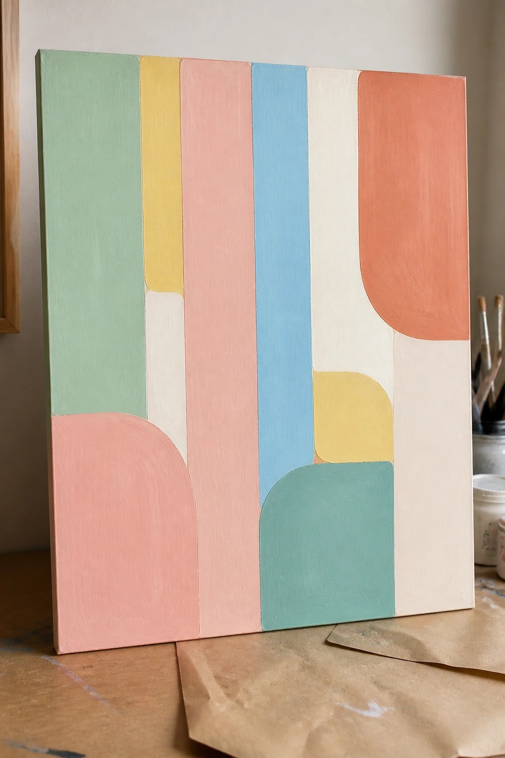Abstract canvas with pastel vertical stripes and rounded shapes in soft colors