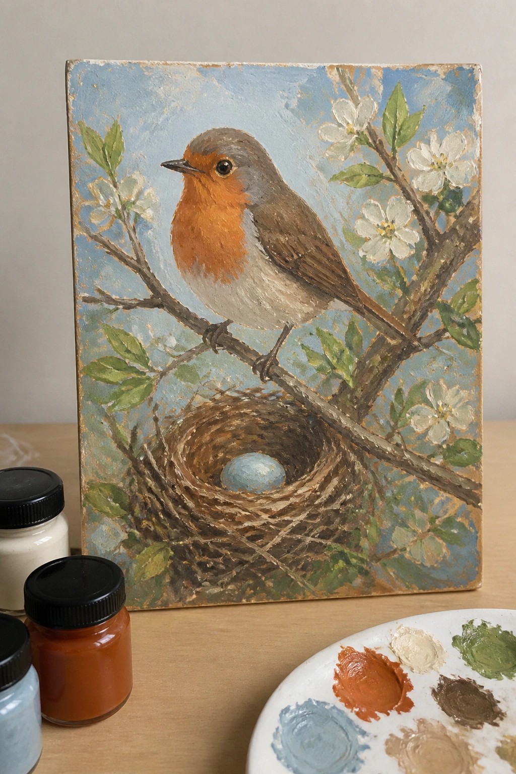 Oil painting of robin on blossoming branch above nest with blue egg beside paint palette