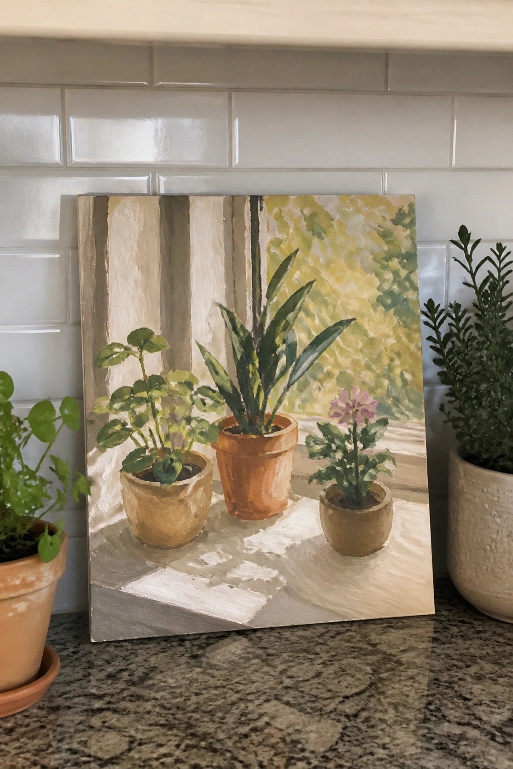 Impressionistic painting of three potted plants on a sunlit windowsill with tiled backsplash.