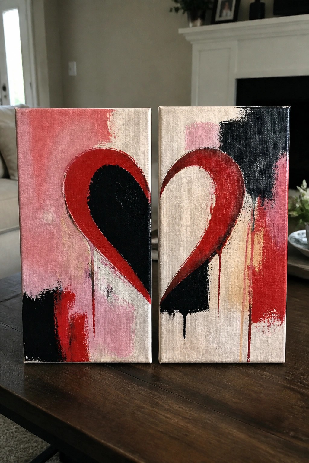 Two abstract paintings with red, black, and pink shapes on a wooden table.