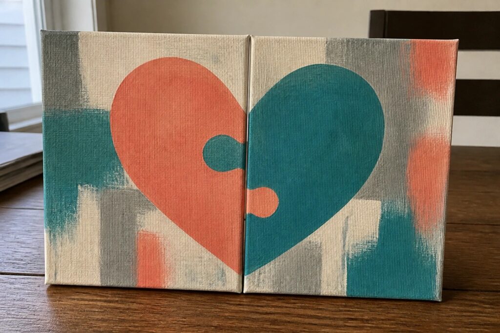 Two canvases with a coral heart split into interlocking puzzle pieces on teal and gray.