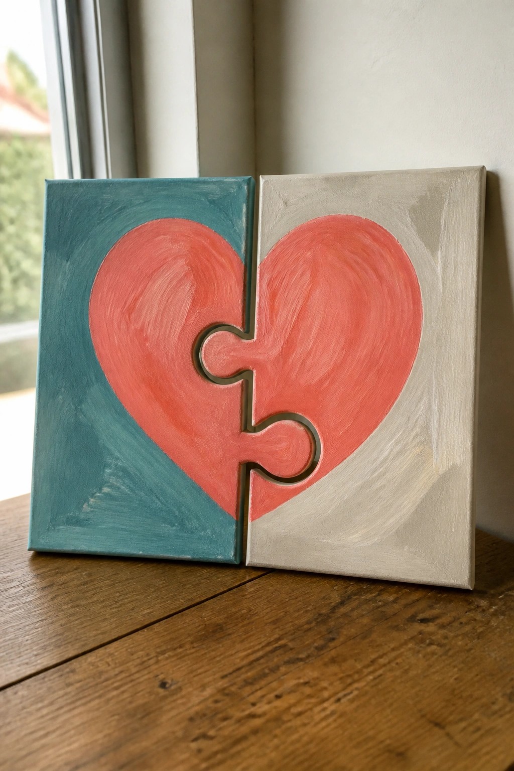 Two canvases with a coral heart split into interlocking puzzle pieces on teal and gray.