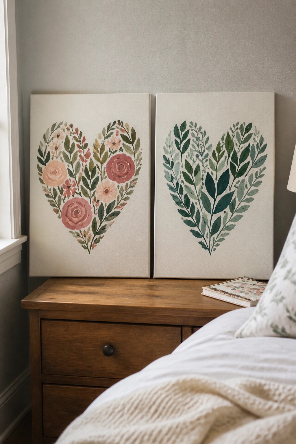 Two heart-shaped canvases with pink florals and green leaves on wooden nightstand by bed.