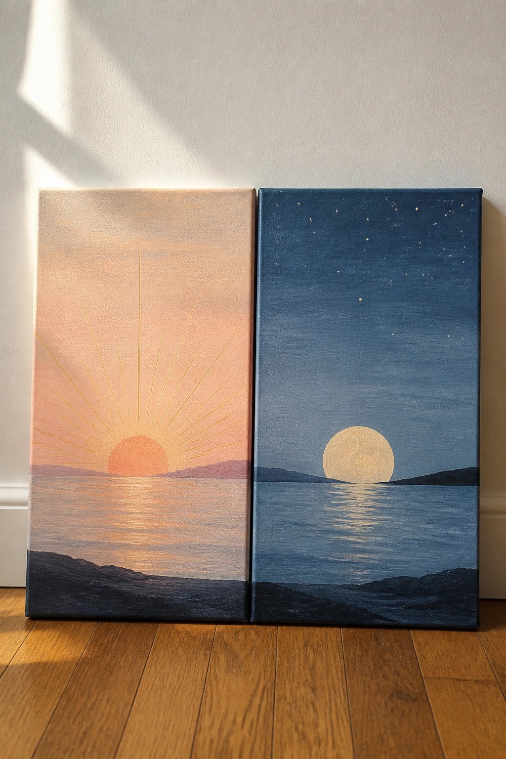 Two canvas paintings of sunset and moon over water on wooden floor.