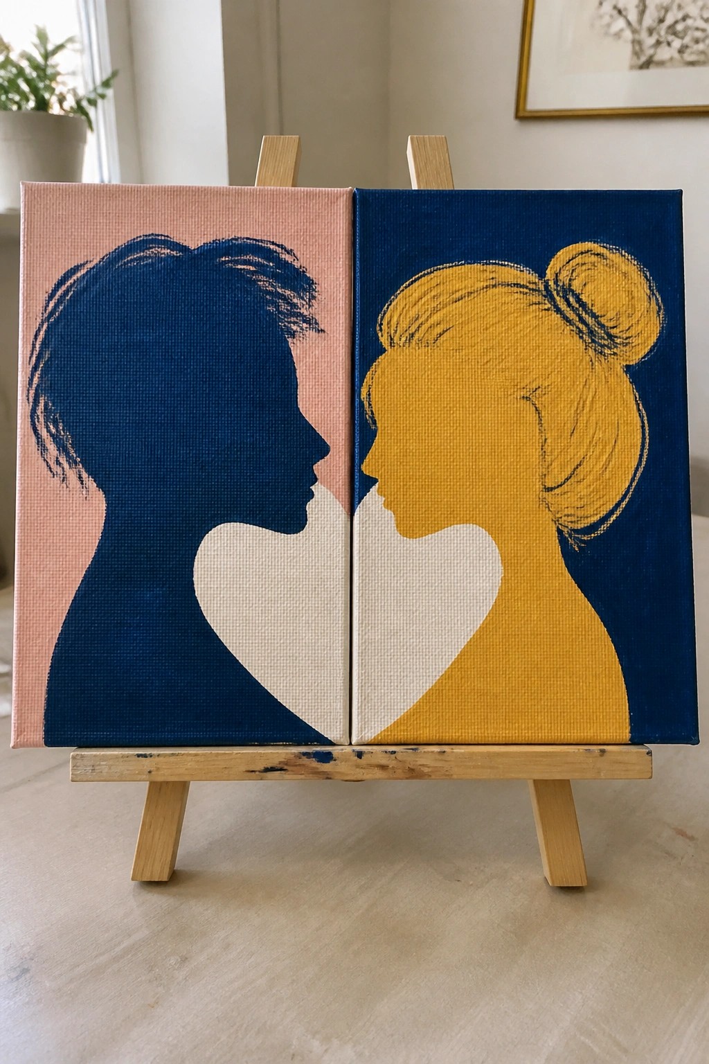 Two small canvases on a wooden easel showing facing silhouettes of a short-haired figure in blue on pink and a bun-haired figure in yellow on blue, with a white heart split between them.