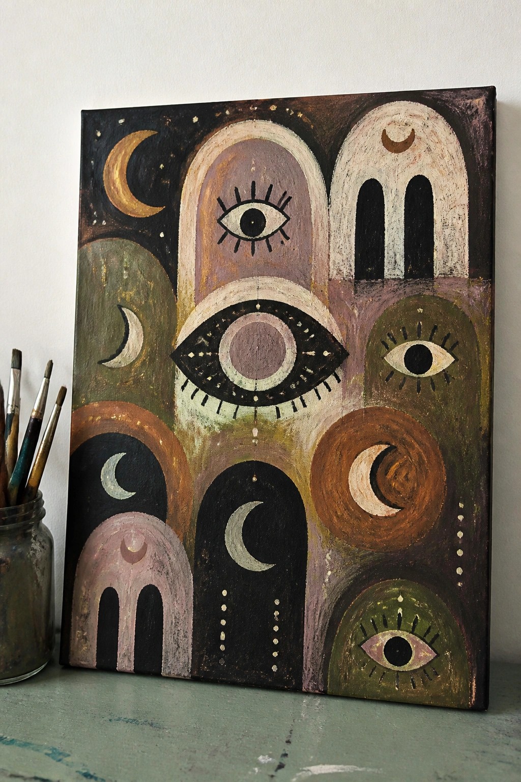 Abstract painting with eyes, moons, arches in earthy greens, browns, and gold.