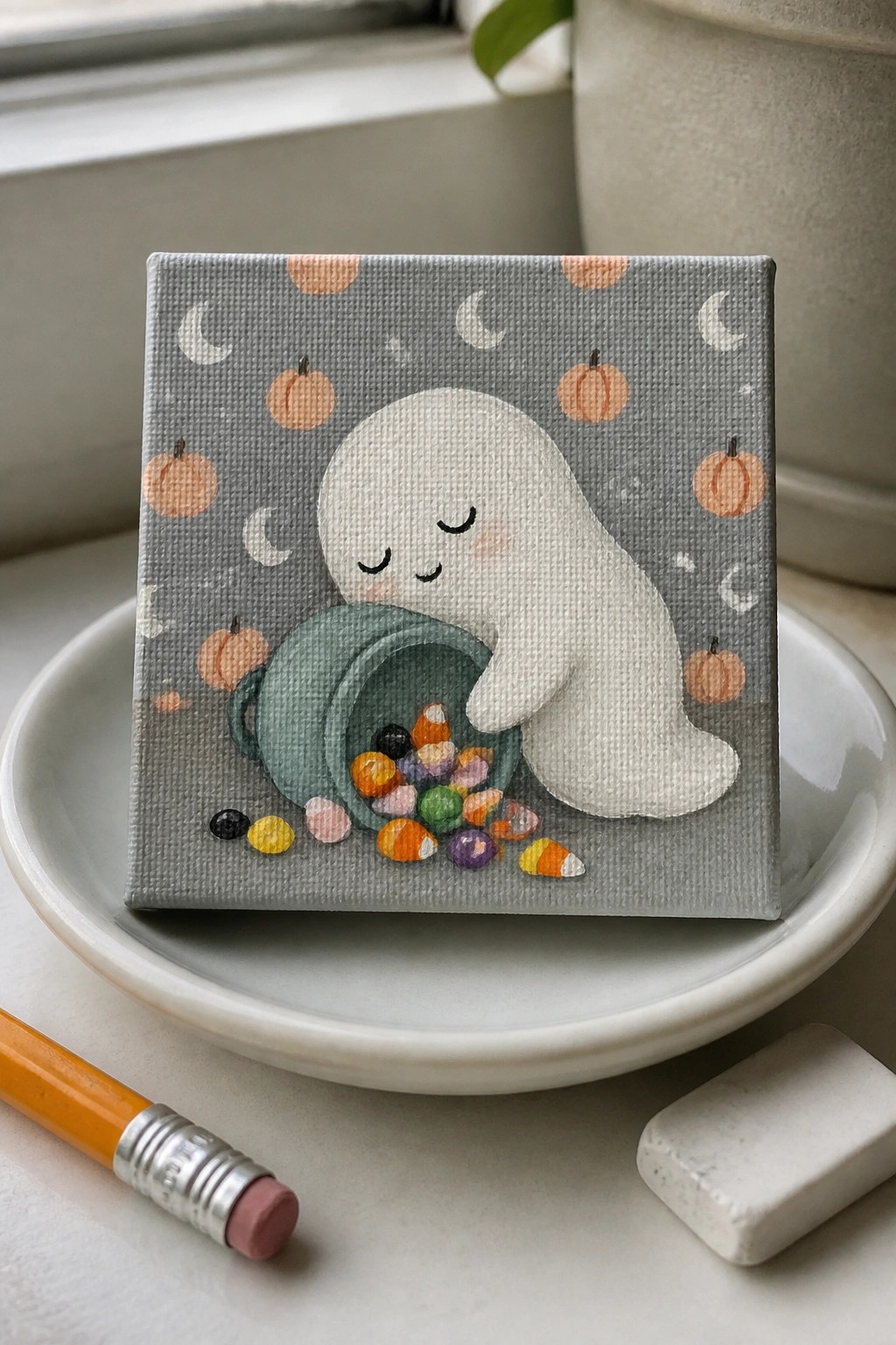 Cute ghost painting on canvas with spilled candy, pumpkins, and moons on a plate