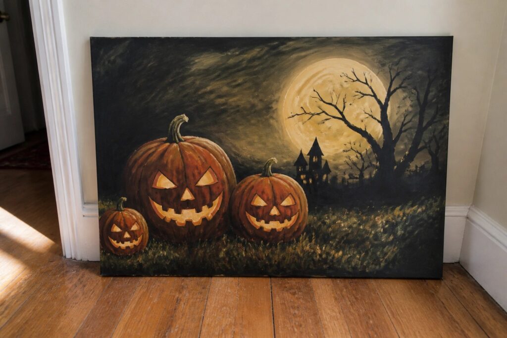 18 Halloween Acrylic Painting Ideas With Spooky Creative Fun Three glowing jack-o'-lanterns before a haunted castle under a full moon.