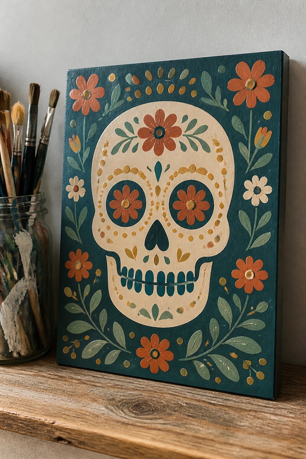 Teal canvas with floral sugar skull painting beside paintbrushes in glass jar on wood.