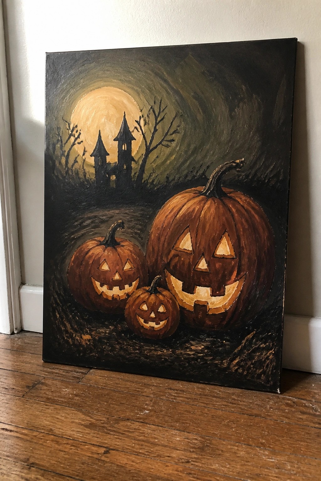 Three glowing jack-o'-lanterns before a haunted castle under a full moon.