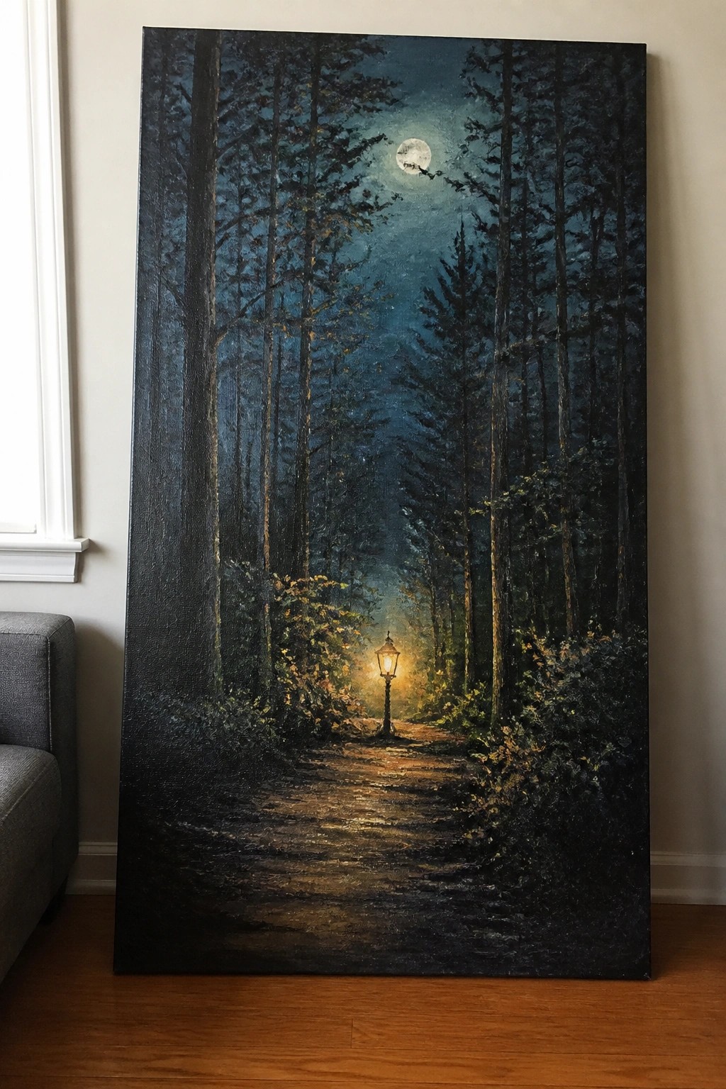 Moonlit forest path with glowing lamppost amid tall dark trees at night.