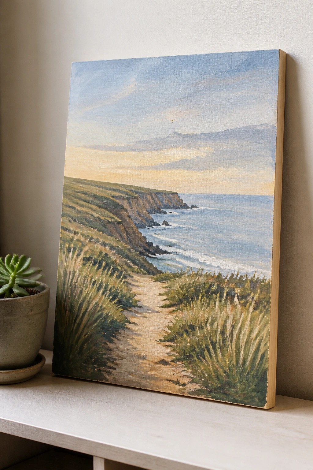 Painting of coastal cliffs with ocean path beside potted succulent on shelf