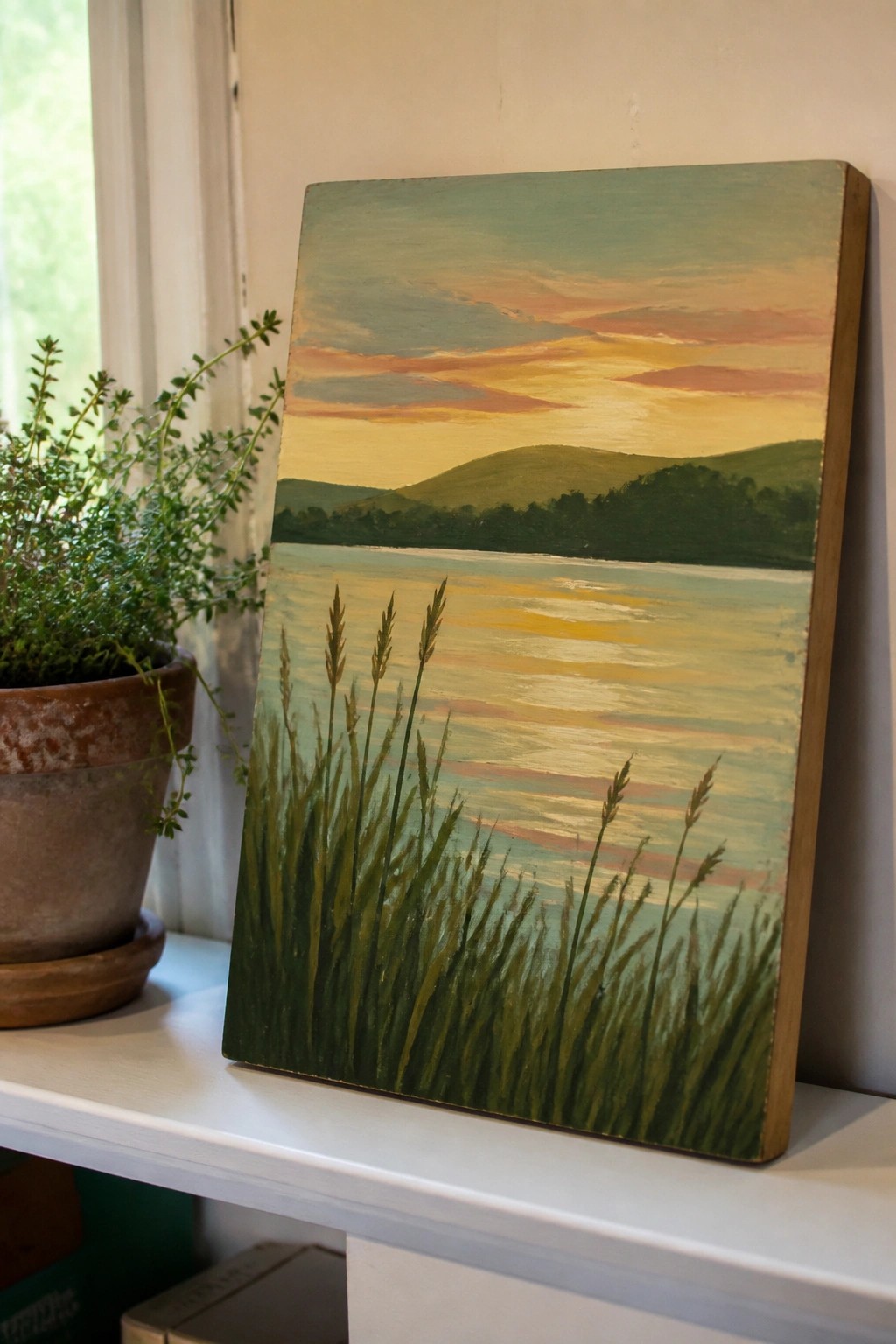 Oil painting of sunset over water with green hills and tall foreground grass beside plant