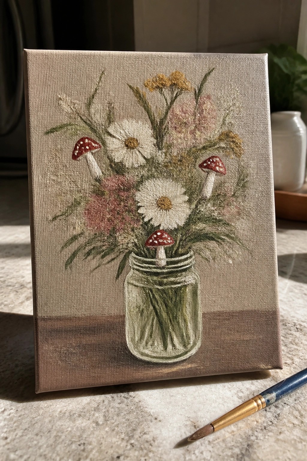 Canvas painting of daisies and red mushrooms in a glass mason jar beside paintbrush