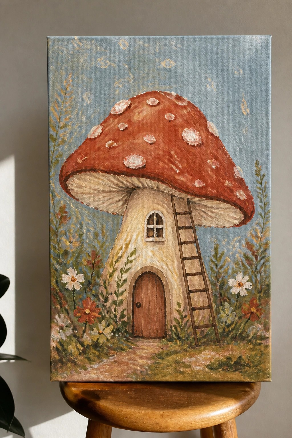 Whimsical painting of mushroom house with red spotted cap, ladder, door, and flowers