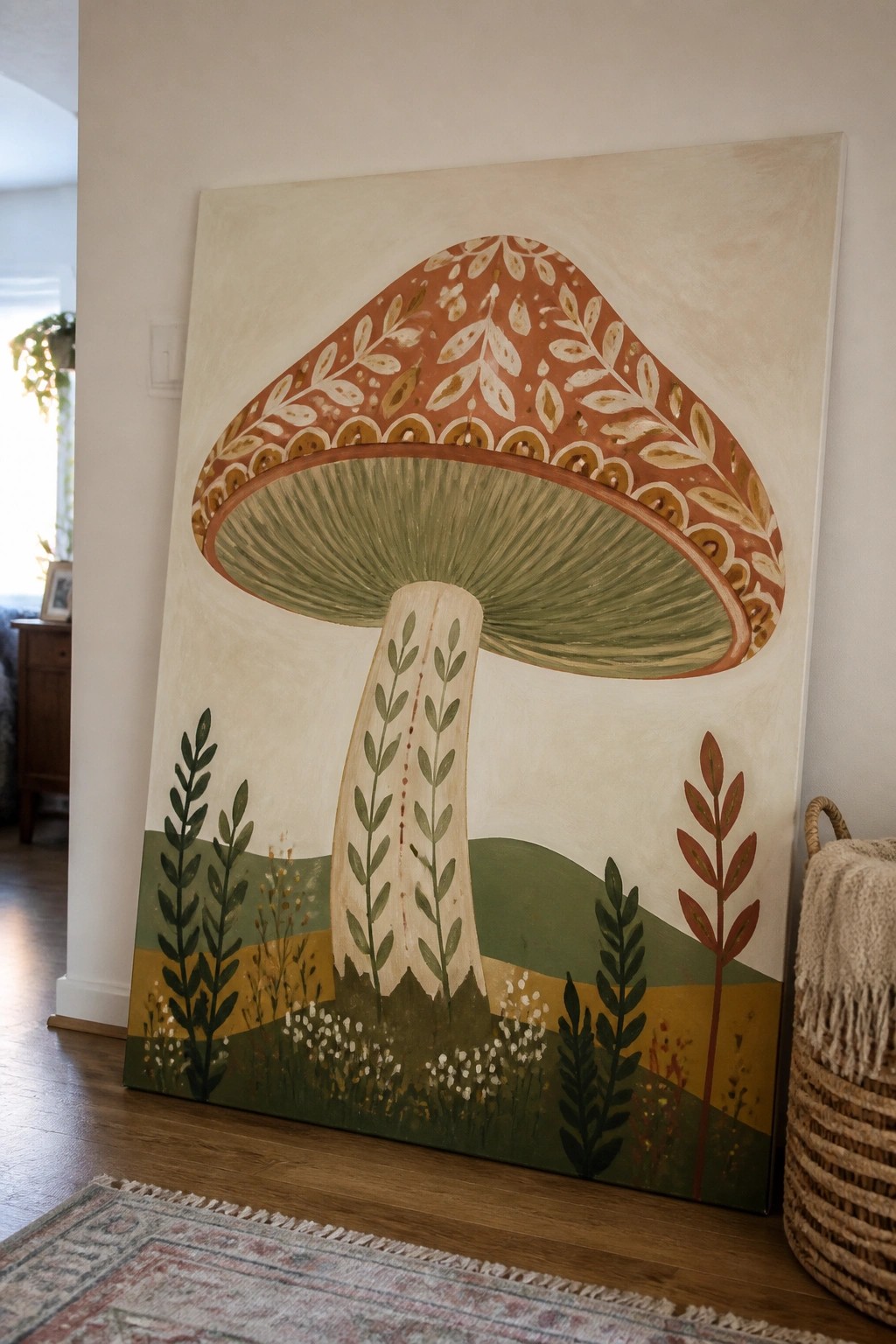 Large mushroom painting with patterned cap and leafy stem leaning on wooden floor