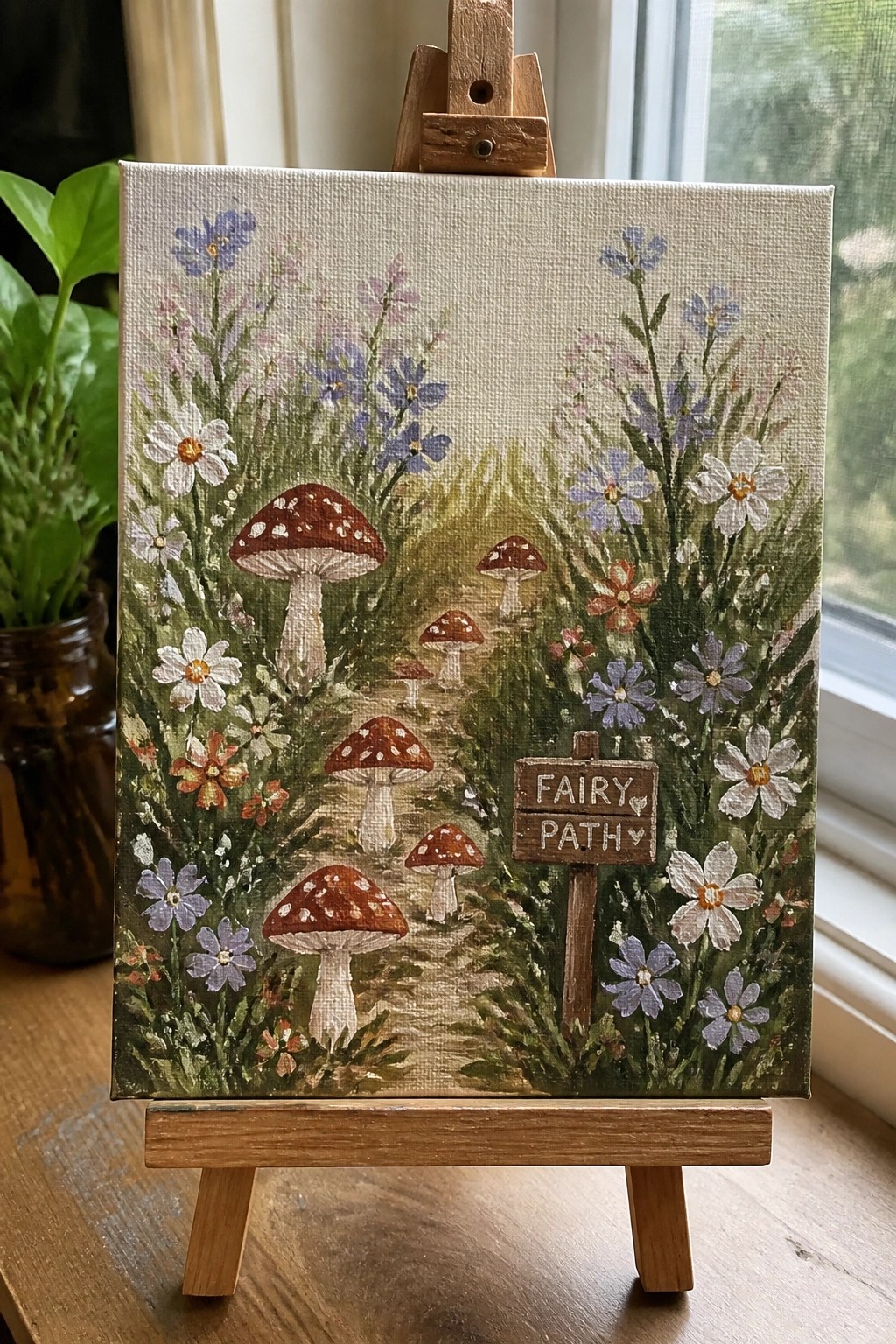Small canvas on easel showing mushroom fairy path with wildflowers and wooden sign.