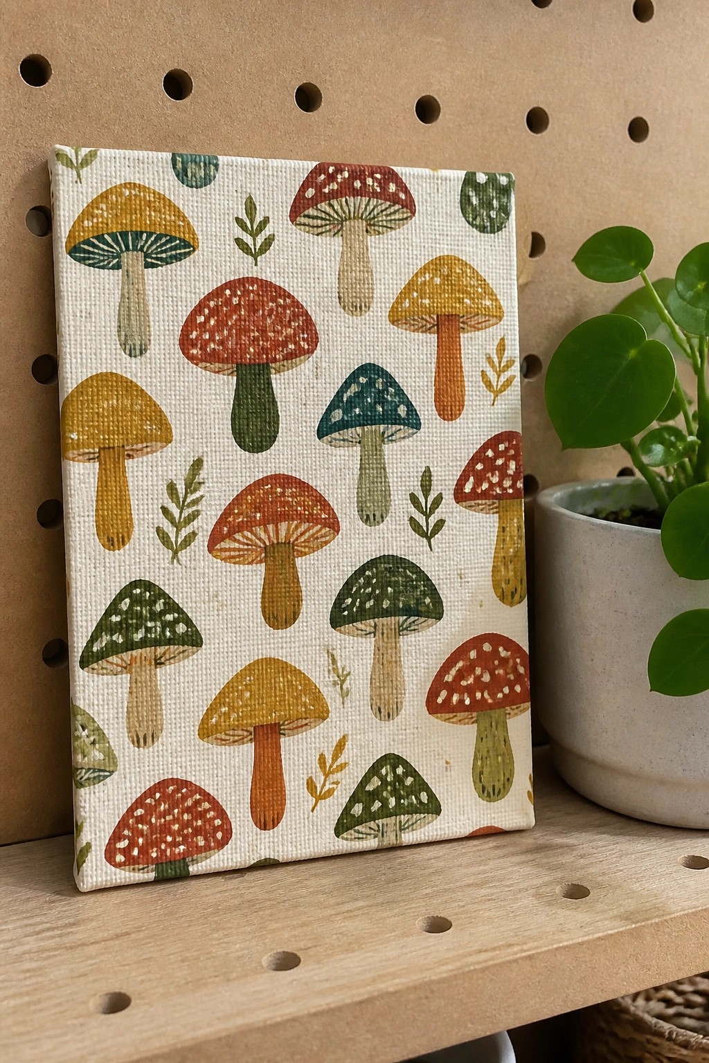 Colorful mushroom-patterned canvas on wooden shelf beside potted green plant