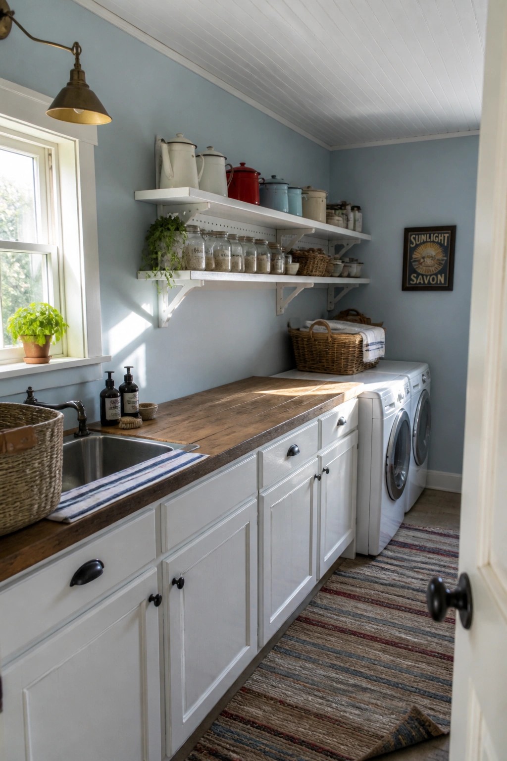 Light blue-gray walls in a small laundry room with white cabinets and wood counters.