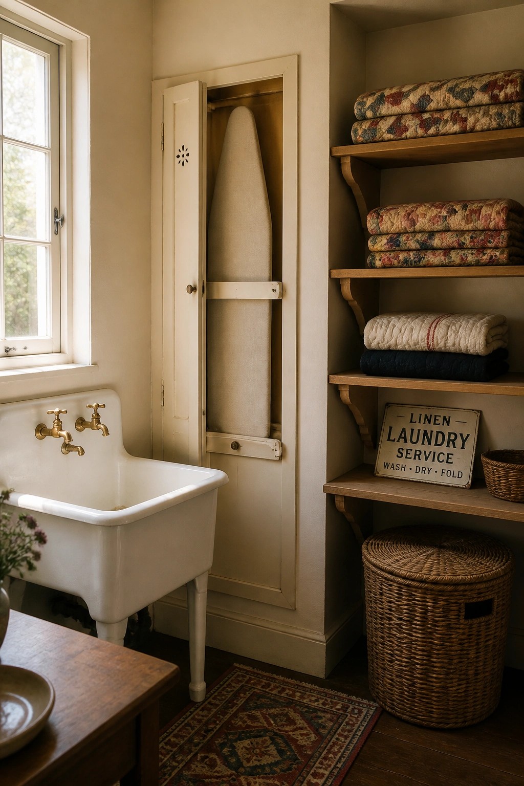 A small laundry room with creamy white walls and built-in cabinetry beside a utility sink.