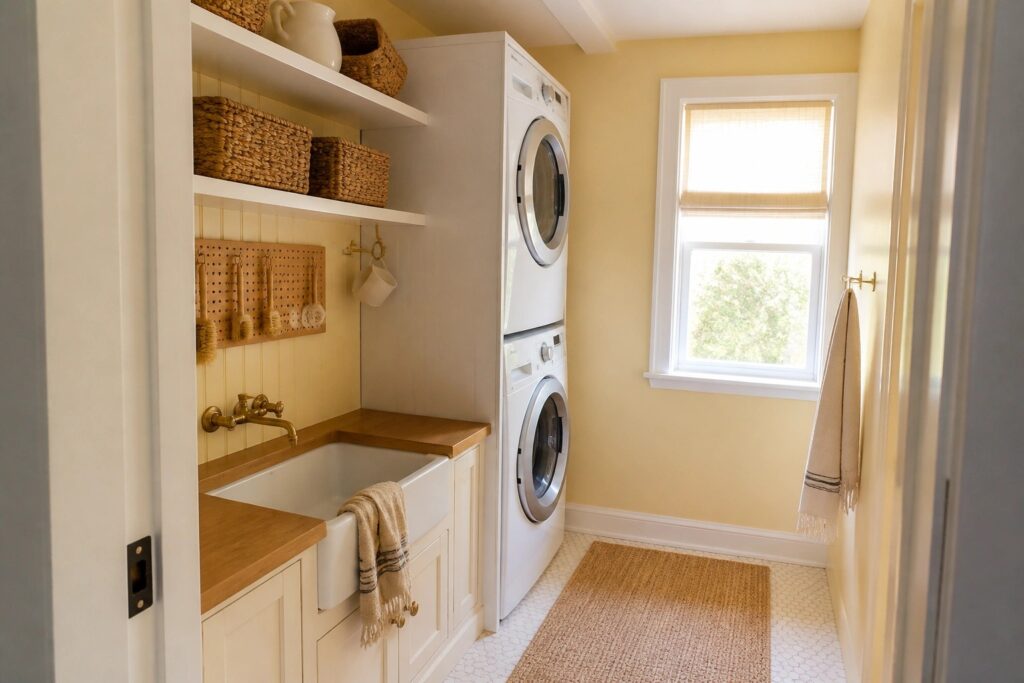 18 Practical Small Laundry Room Paint Ideas for Brighter Workspaces Small laundry room with soft yellow walls above white beadboard wainscoting.