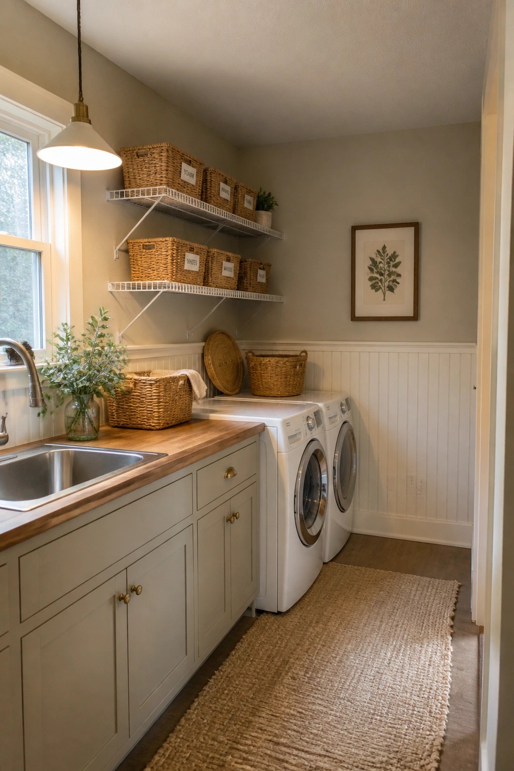 Laundry room with white machines, wooden counter, wicker baskets on shelves, and jute rug.