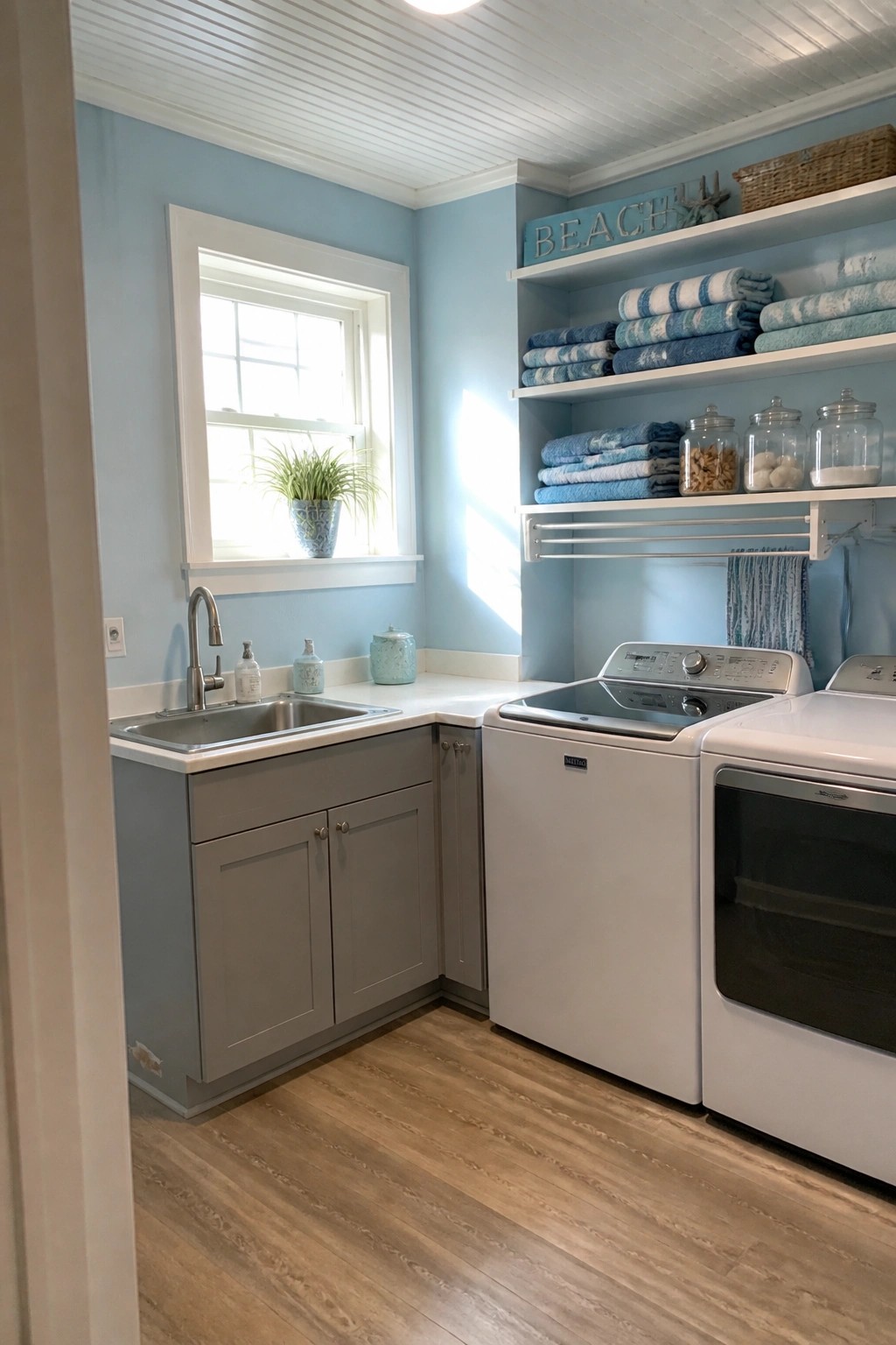 Coastal laundry room with blue walls, towels on shelves, washer, dryer, and sink.