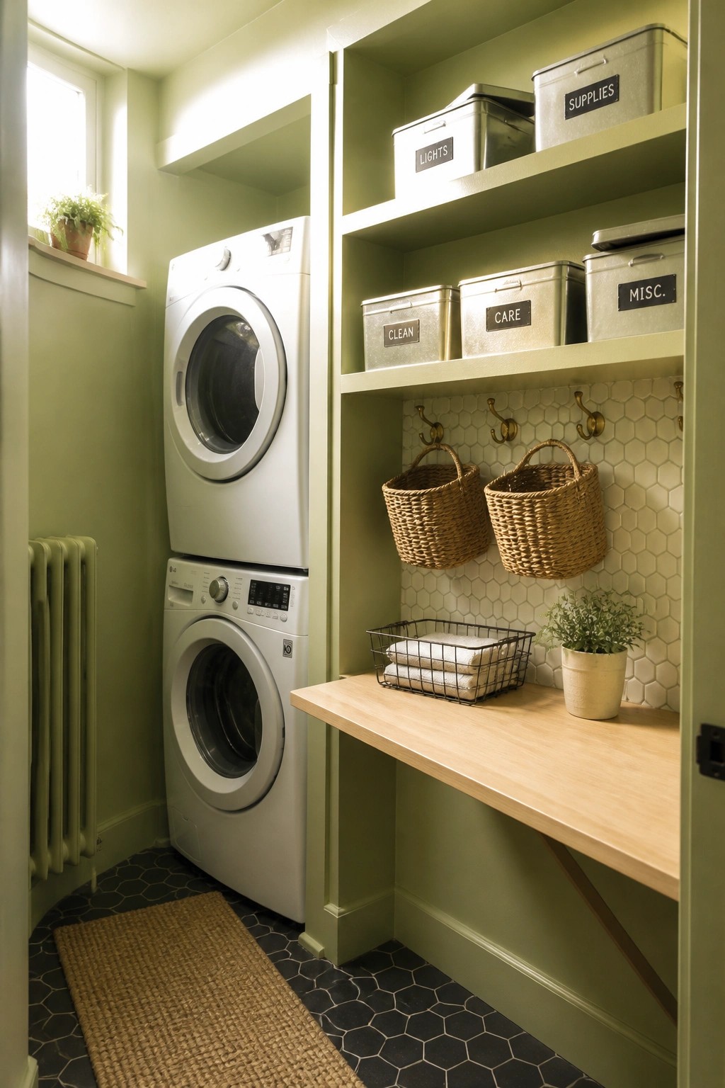 Green laundry room with stacked washer-dryer, labeled bins, baskets, and wooden counter