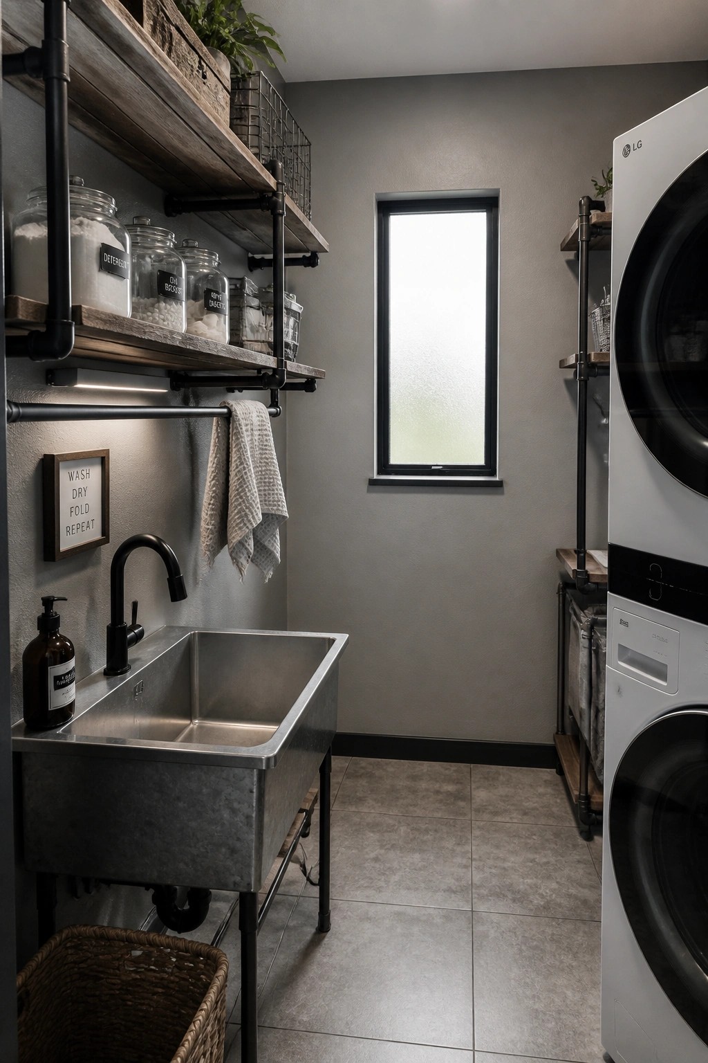 Industrial laundry room with stainless sink, pipe shelves, stacked LG washer and dryer