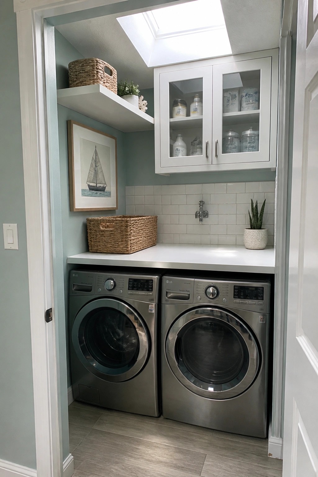 A compact laundry room with soft sage green walls, white upper cabinets, and a white tile backsplash.