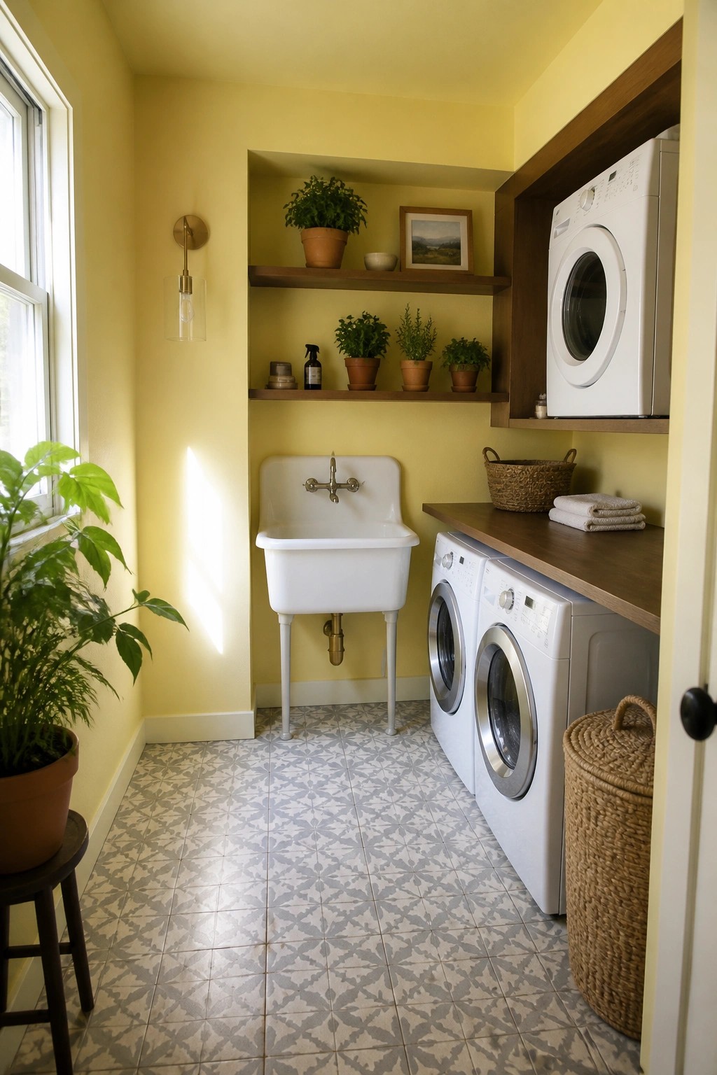 Pale yellow walls brighten a compact laundry room with white appliances and wooden shelves.