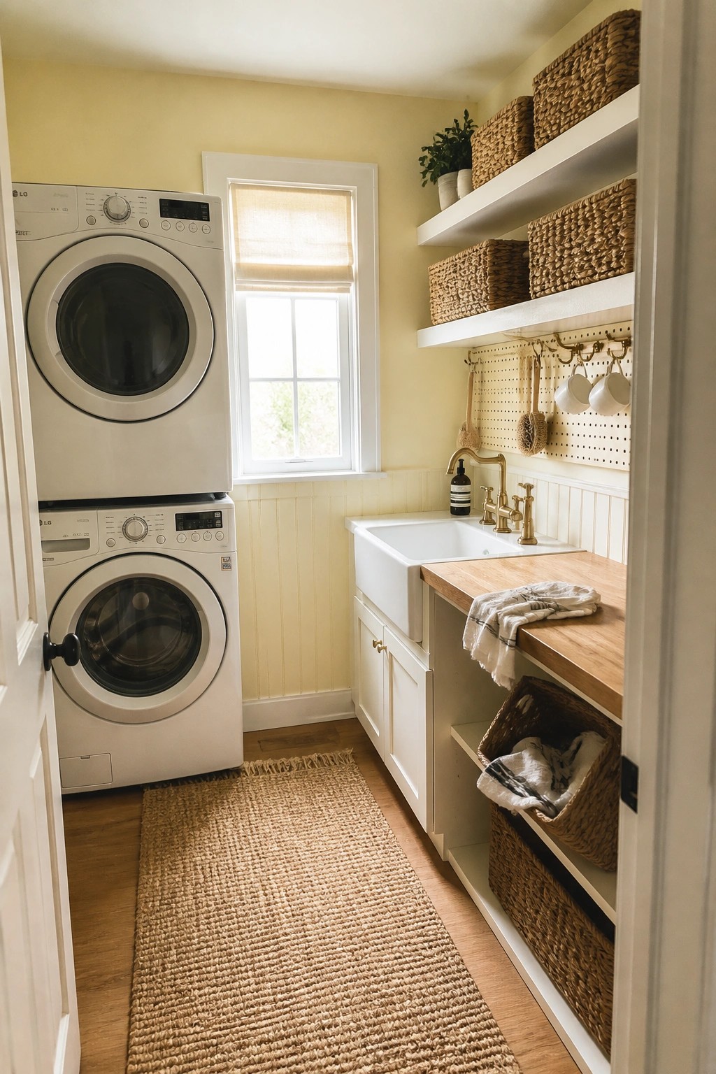 Small laundry room with soft yellow walls above white beadboard wainscoting.