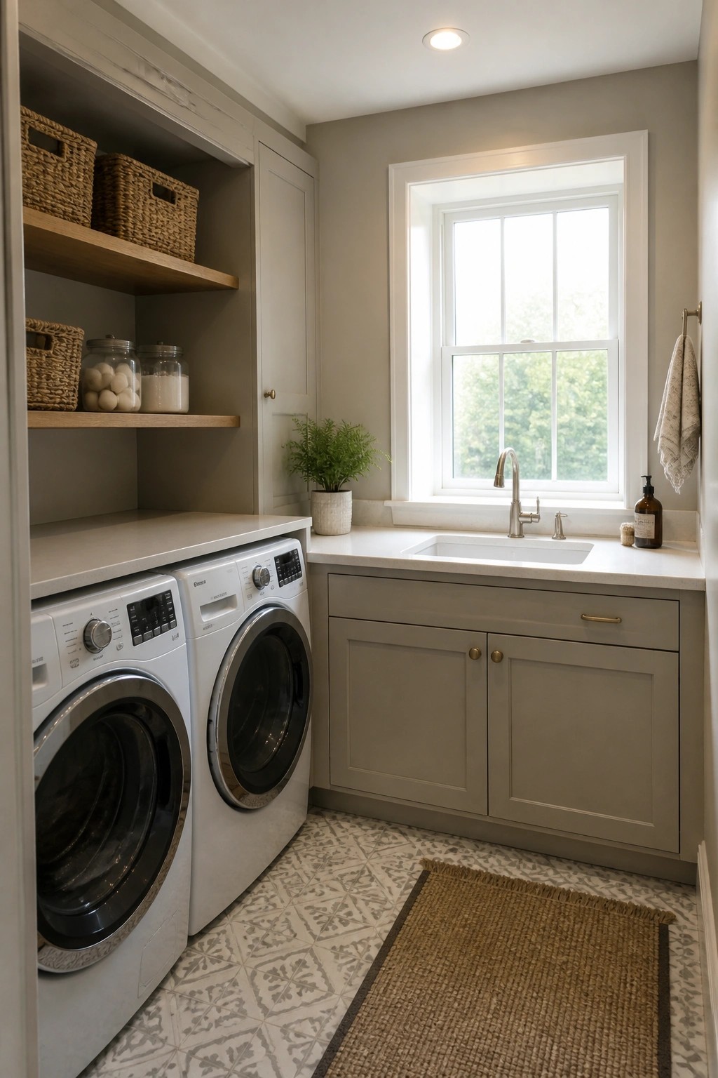 Modern laundry room with white washers, gray cabinets, sink under window, and patterned tile.