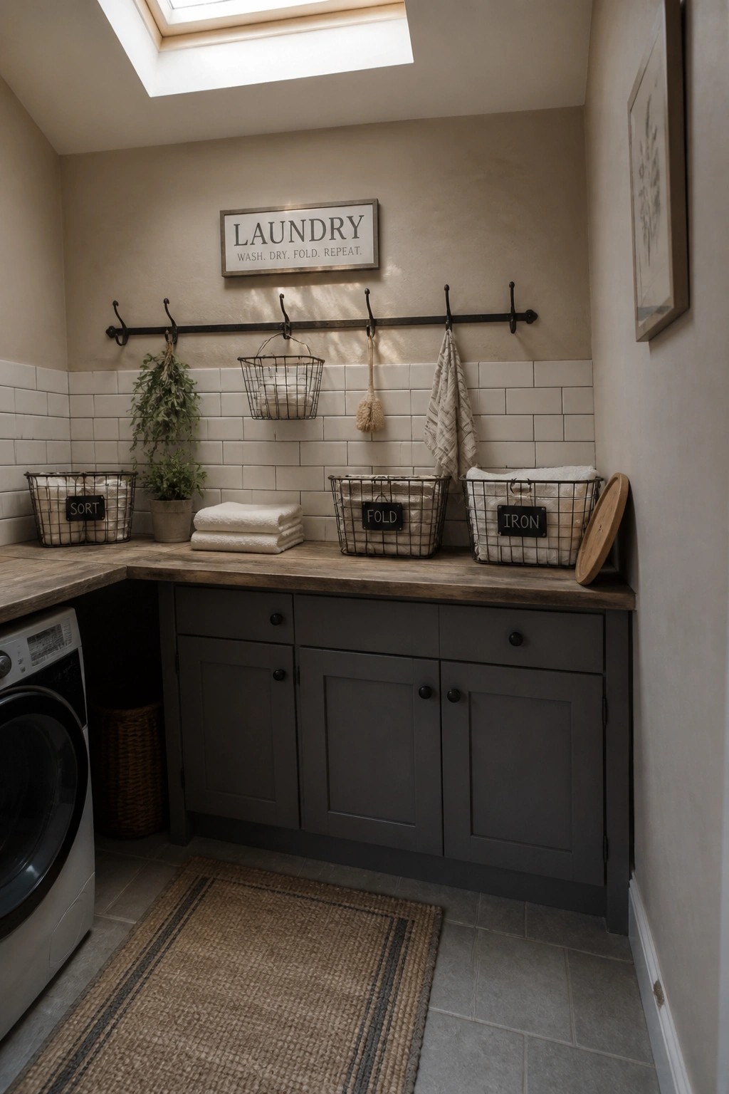 Warm greige walls and gray cabinets in a small laundry room with white subway tile and wood counters.