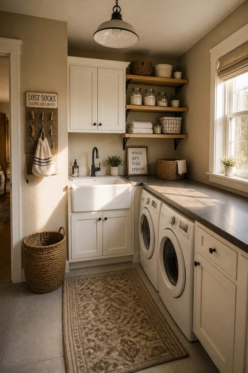 Warm greige walls and white cabinetry in a small laundry room with wood shelves.