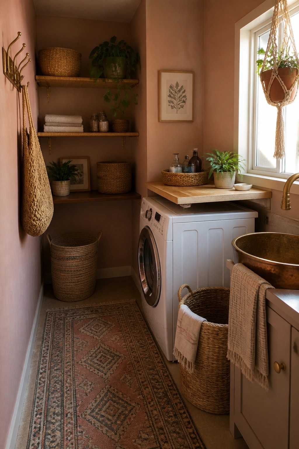 A compact laundry room painted in warm terracotta with wooden shelves and woven baskets.