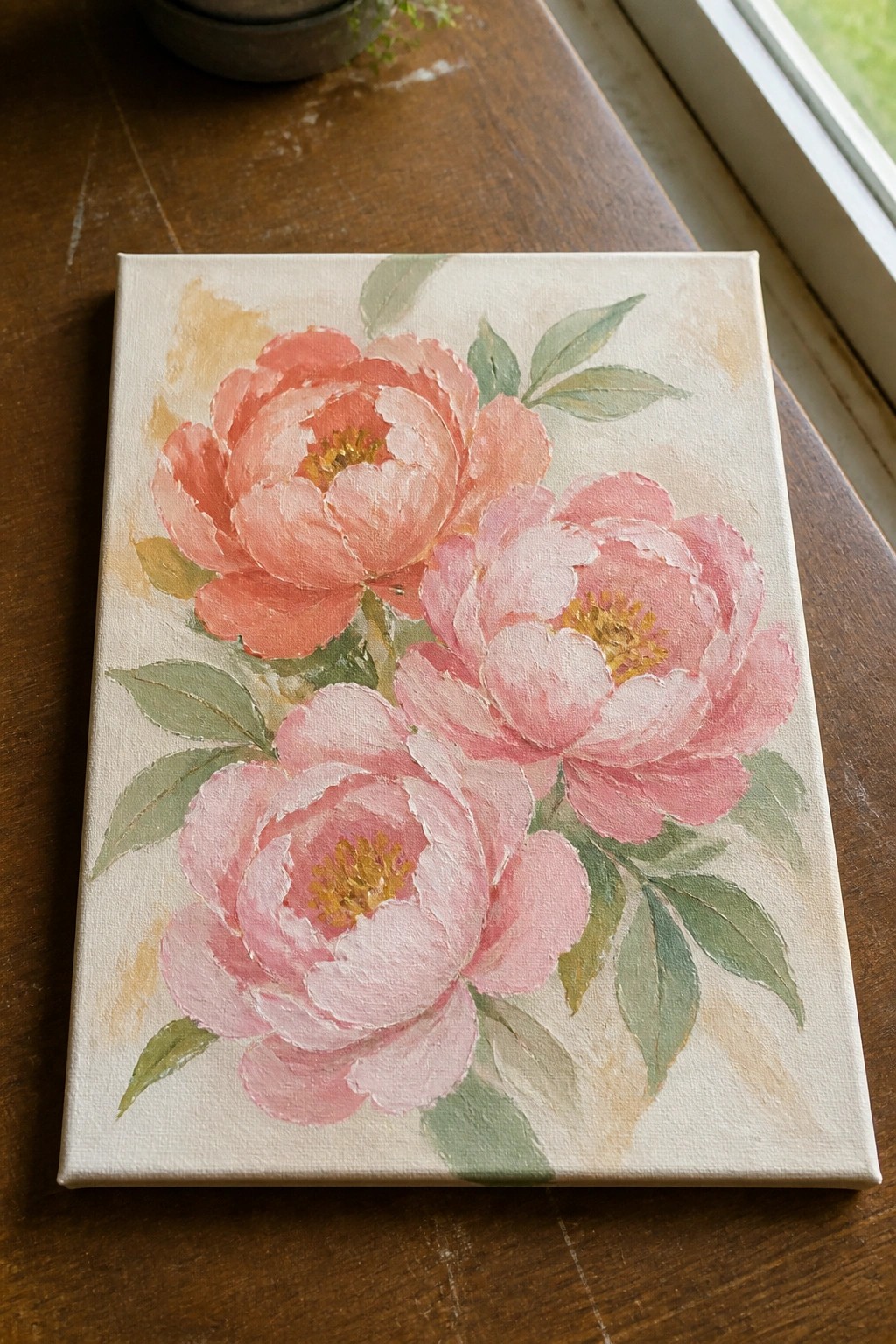 Three pink peonies with green leaves on a canvas painting