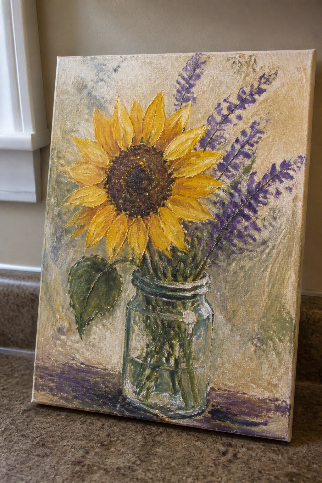 An acrylic painting of a sunflower and purple lavender sprigs arranged in a clear glass mason jar on a neutral background.