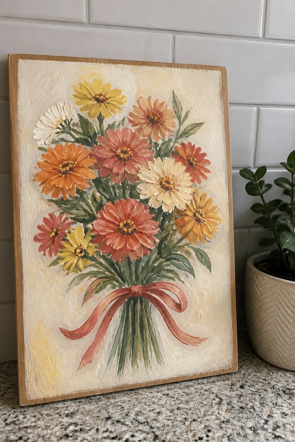 Colorful zinnia bouquet painting with red ribbon in wooden frame on counter