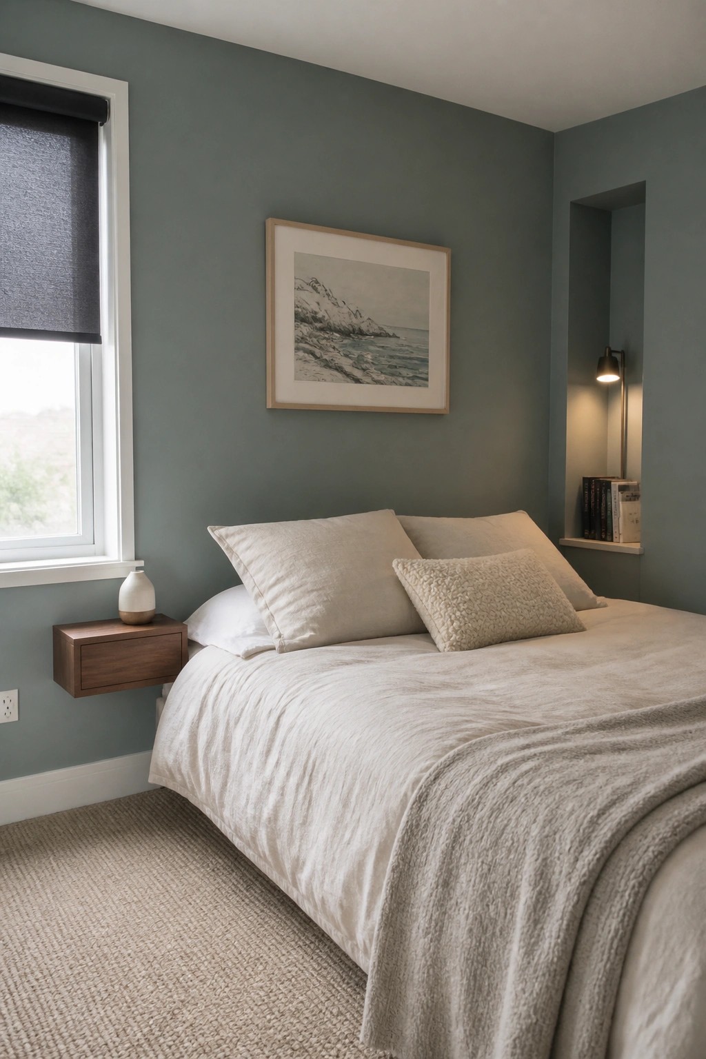 Serene bedroom with sage green walls, cream bedding, wooden nightstand, and coastal artwork.